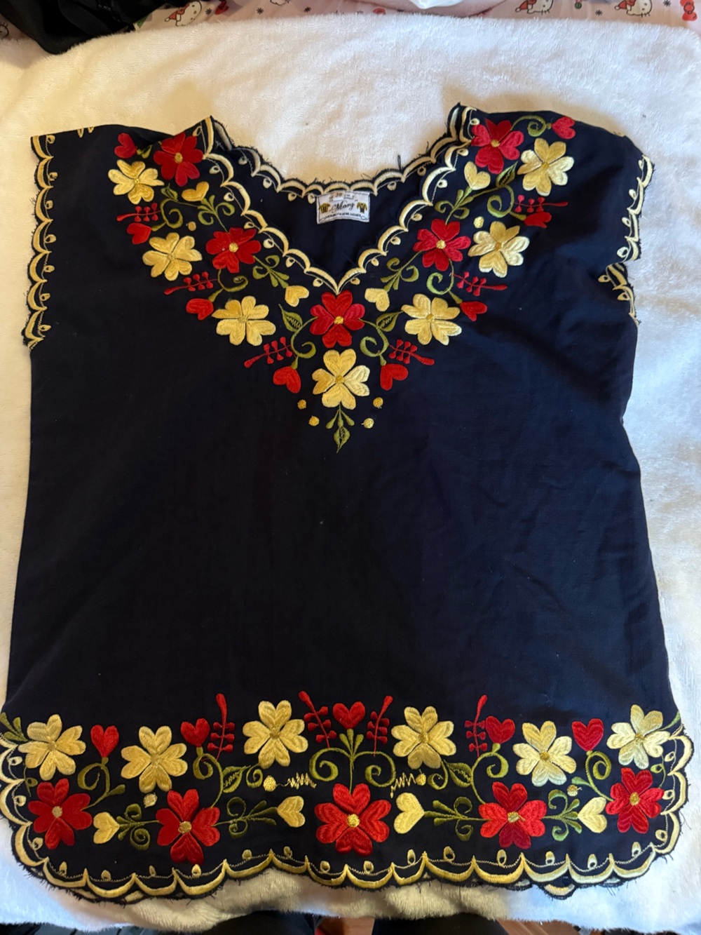 Navy Embroidered Floral Tunic with Red & Gold Flowers